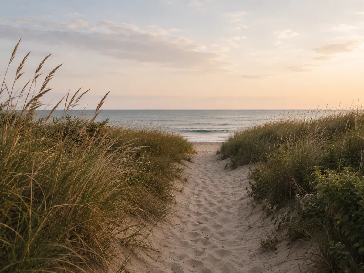 A sandy path through dune grass leading to the ocean