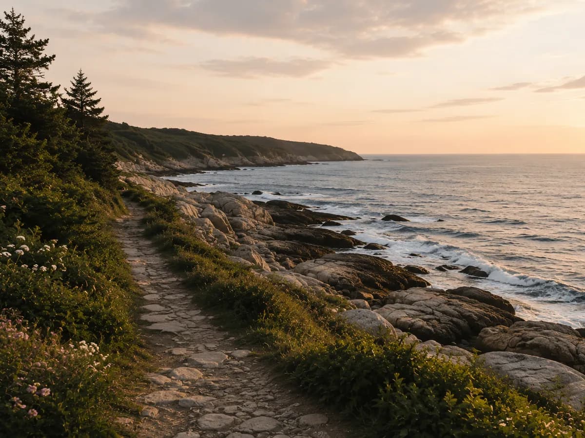 A coastal path along the cliffs at sunset